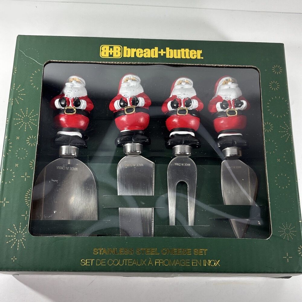 Bread+Butter Santa Claus Christmas Stainless Steel Cheese Knife Set 4 Piece NIB